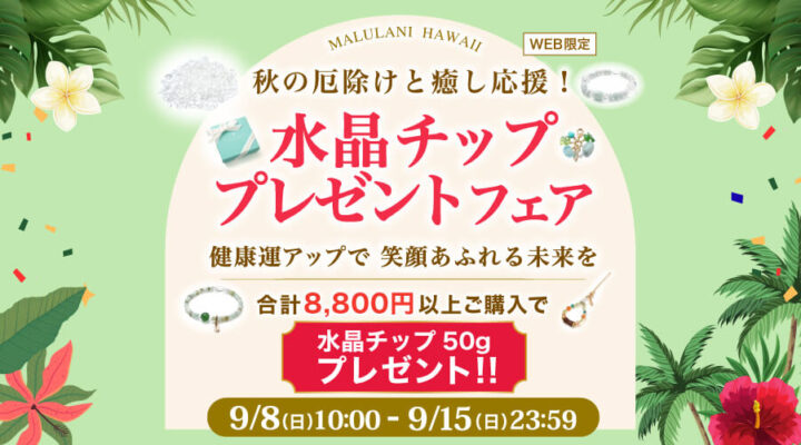 9/8~15　水晶チッププレゼントフェァ　合計8,800円以上　ご購入で水晶チップ　プレゼント！
