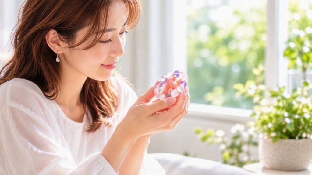 自然光が差し込む部屋で、愛おしそうに天然石ブレスレットを見つめる女性